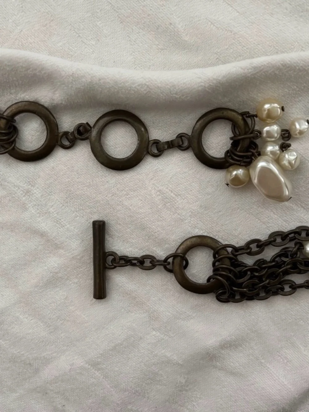 Vintage-Inspired Pearl Charm Chain Belt in Antique Brass